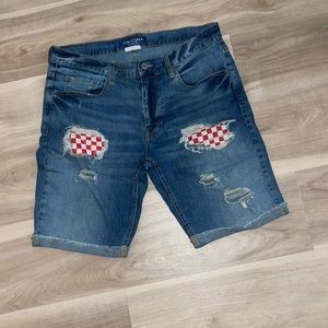 Arizona Jean co distress flex, slim, stretchy fit red & white checker detail